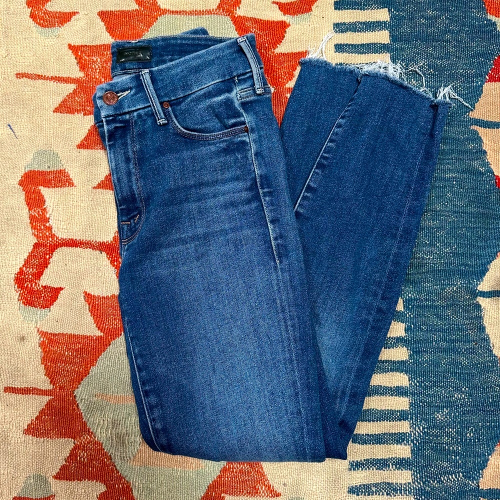 Mother Denim The Looker Ankle Fray Jeans in medium blue Mid Rise Skinny - Picture 4 of 12